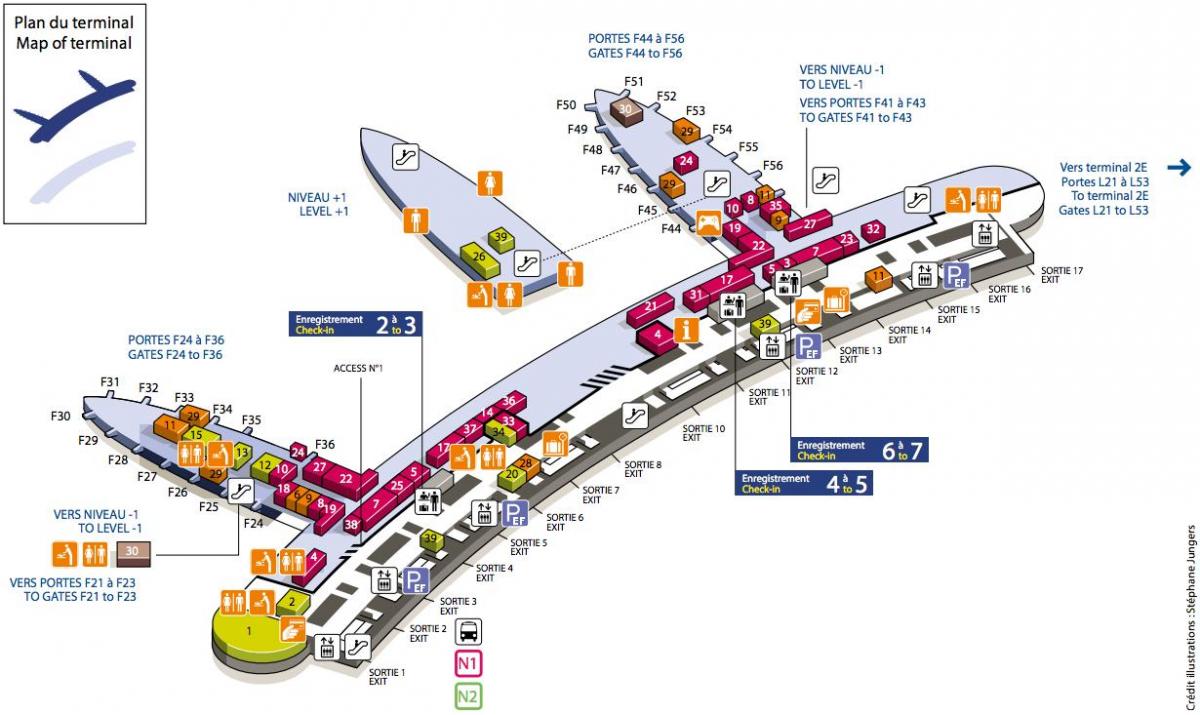 Kartta CDG lentokenttä terminaali 2F