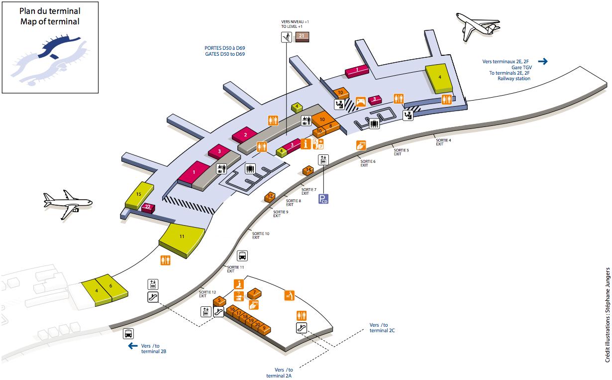 Kohteessa CDG lentokenttä terminaali 2D-kartta - Kartan kohteessa CDG  lentokenttä terminaali 2D (Ranska)